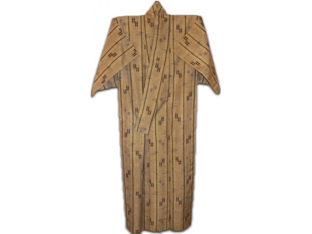 Japansk kimono, ren råsilke, beige med grønlige striber